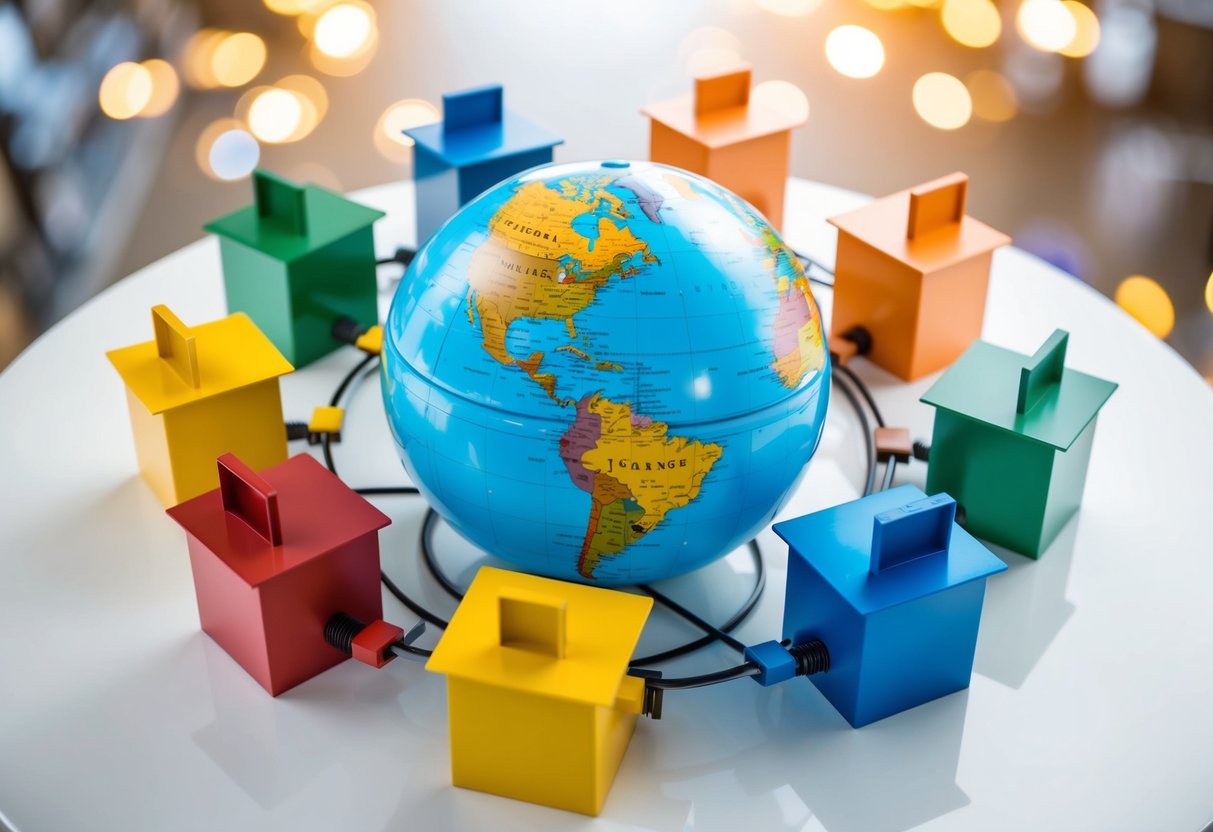 A globe surrounded by interconnected silos representing different languages and cultures for content creation and localization