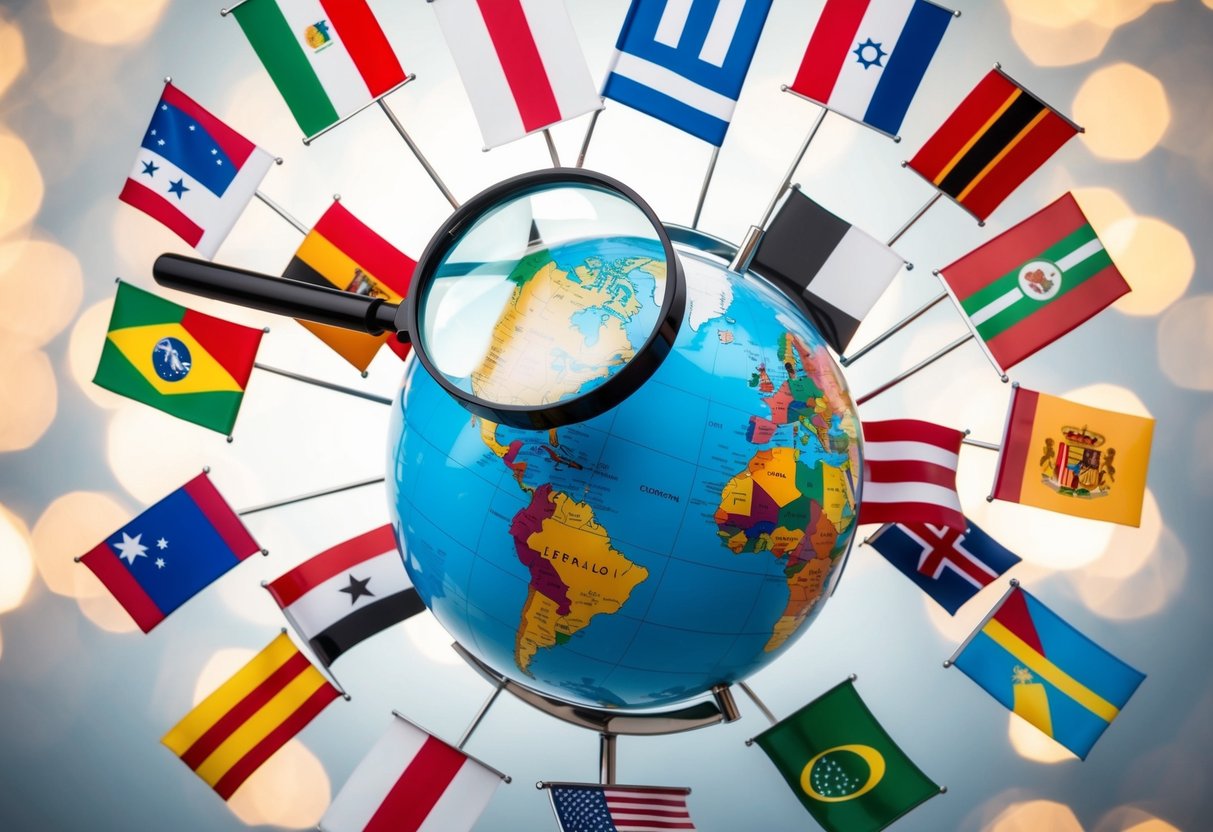 A globe surrounded by various country flags with a magnifying glass hovering above, highlighting different regions
