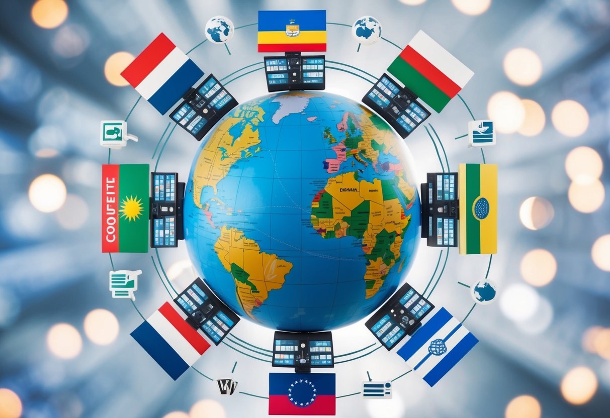 A globe surrounded by interconnected content silos with various international symbols and flags
