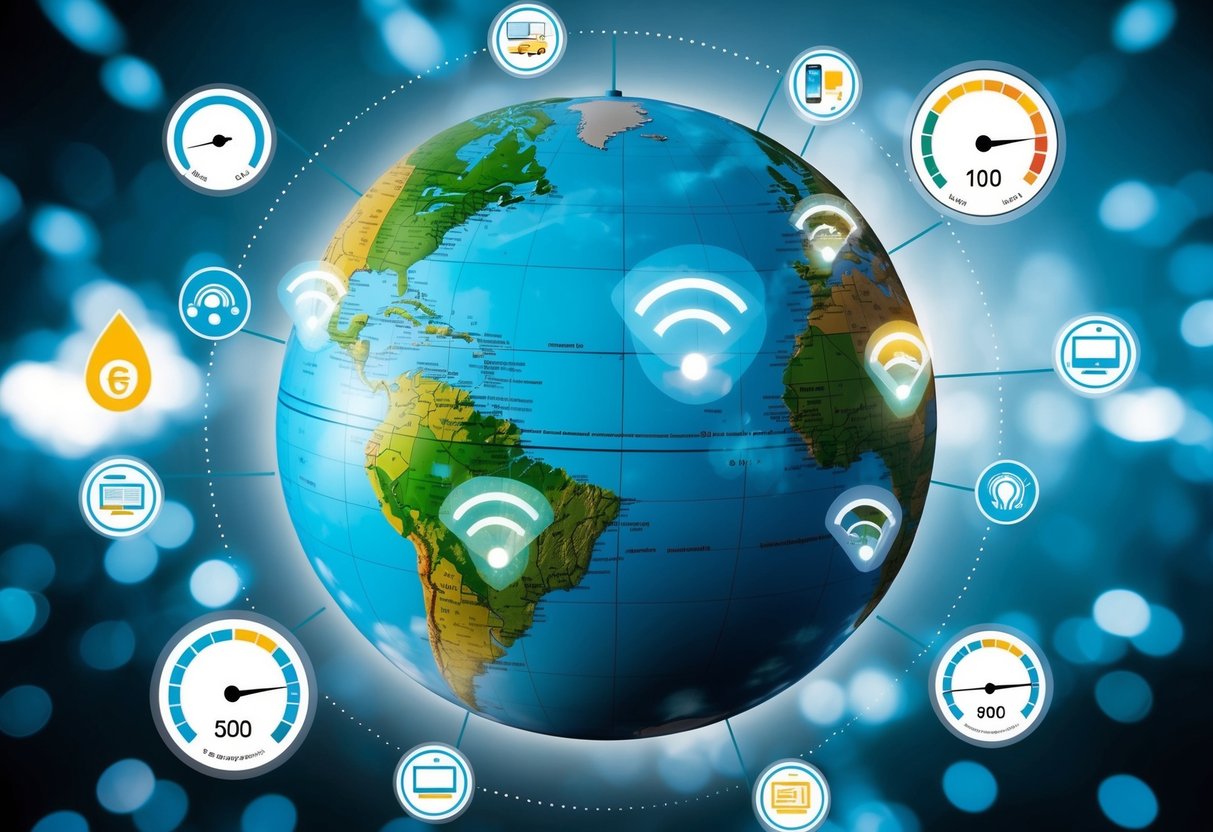A globe surrounded by various internet-connected devices, with speedometers and user experience icons floating around it