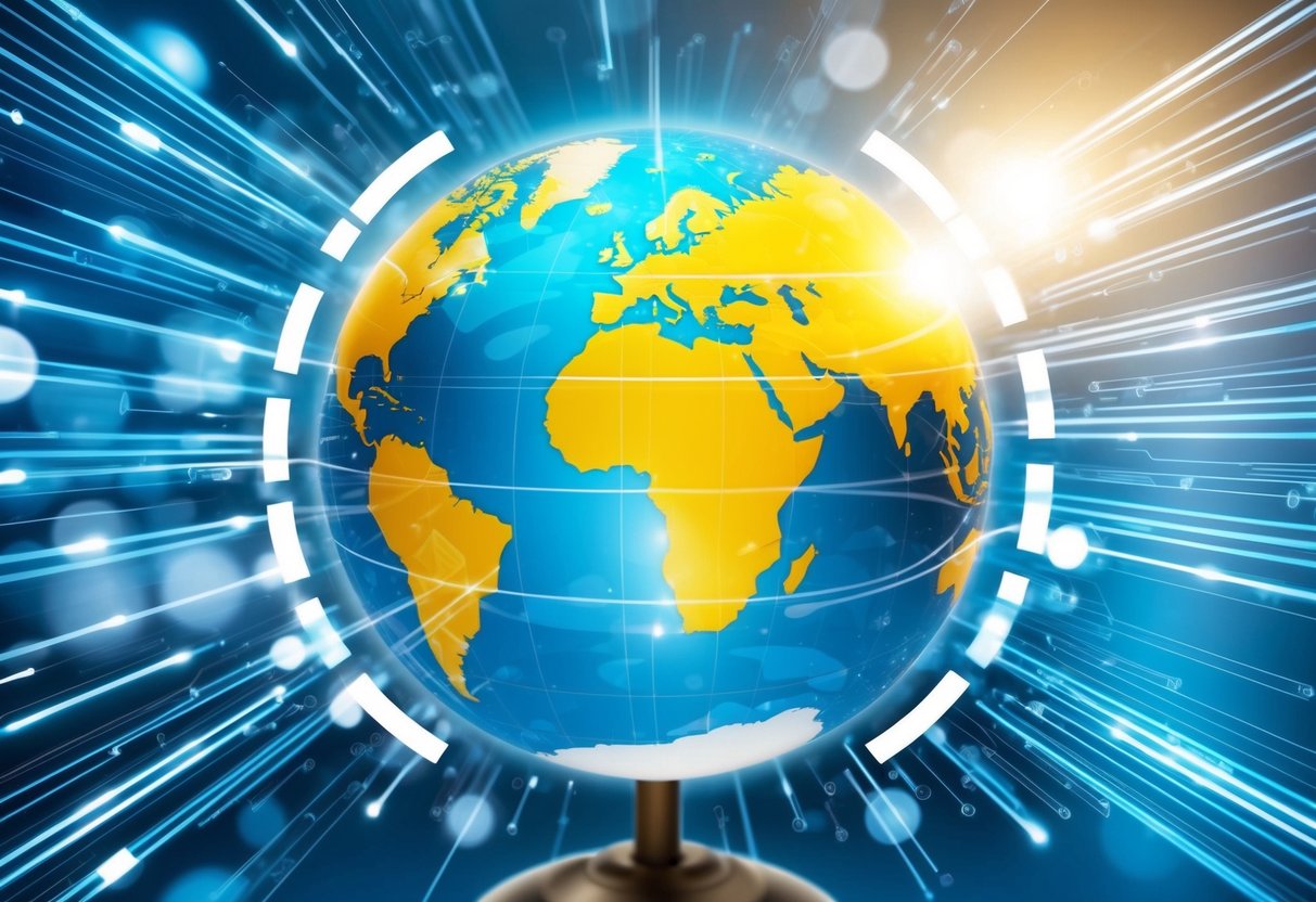 A globe surrounded by high-speed internet signals, with data flowing rapidly between continents