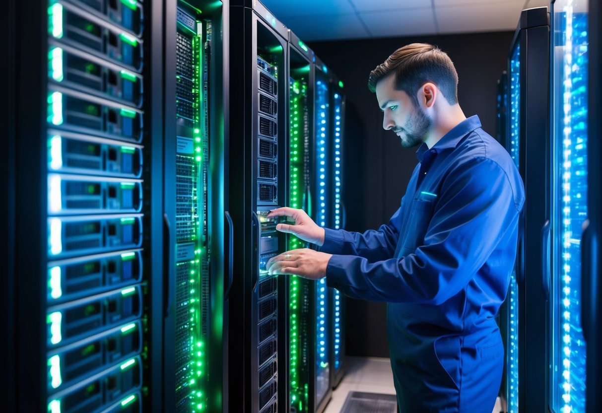 A computer server room with multiple servers and data cables, illuminated by the glow of blue and green LED lights, with a technician working on optimizing the system for faster load times