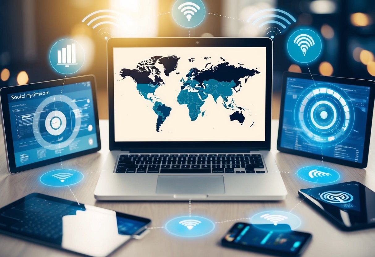 A laptop with a world map on the screen, surrounded by various internet-connected devices and speed optimization tools