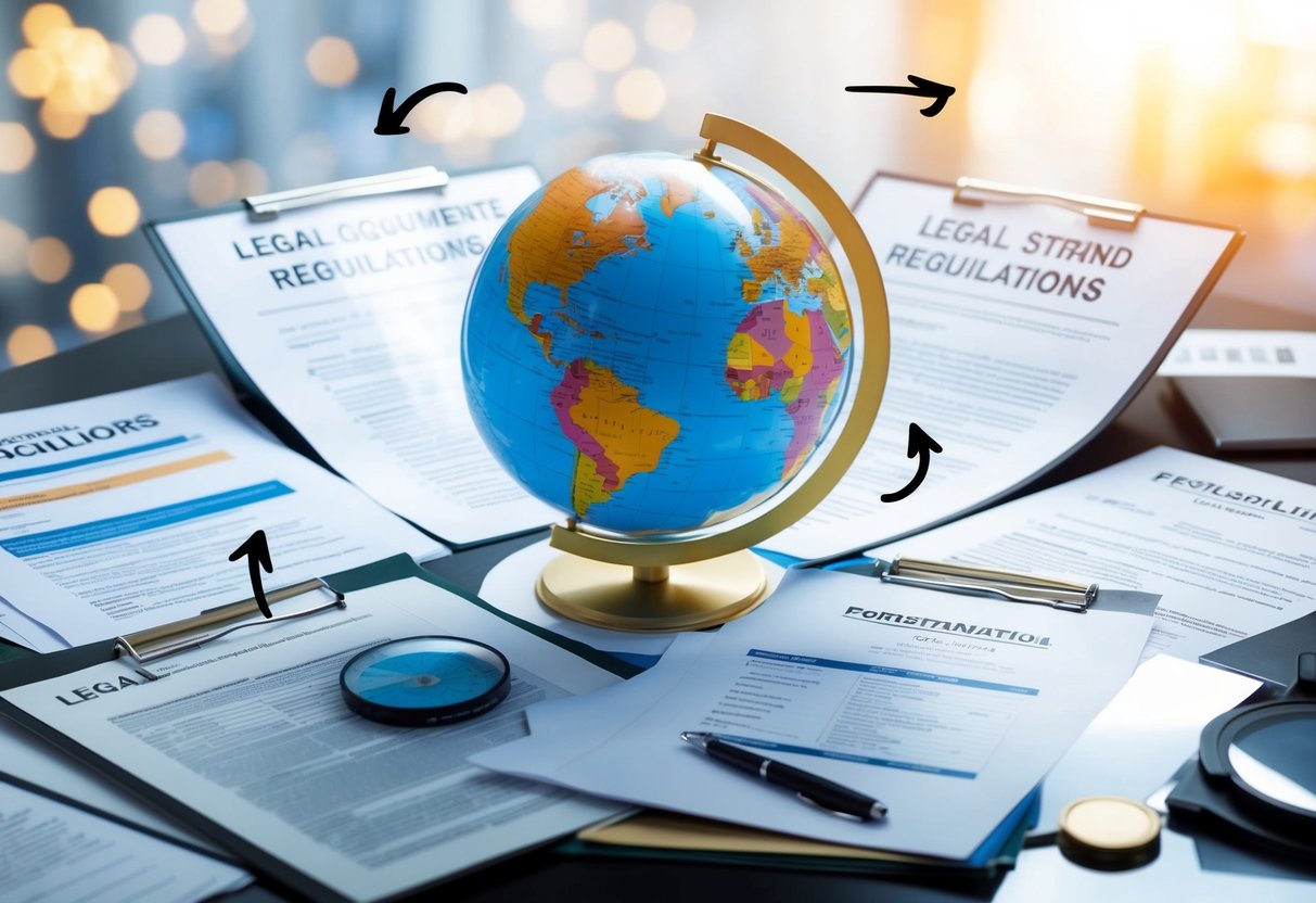 A globe surrounded by various legal documents and regulations from different countries, with arrows pointing towards it