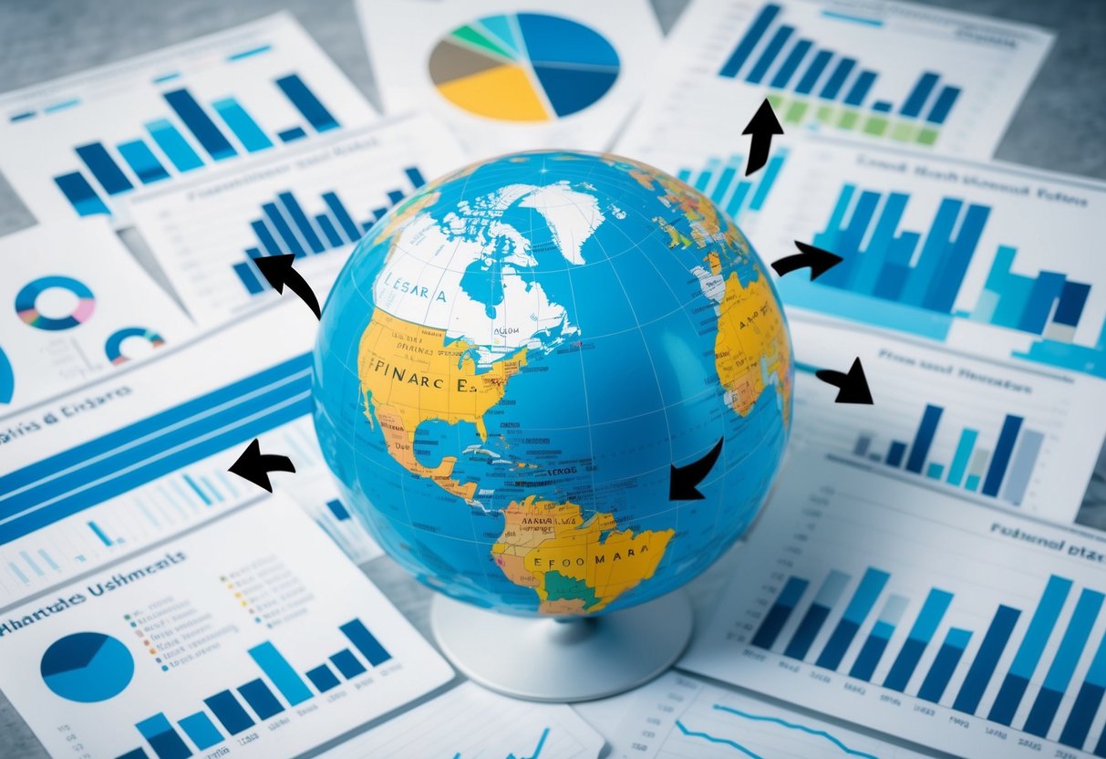 A globe surrounded by financial charts and graphs, with arrows pointing to different countries