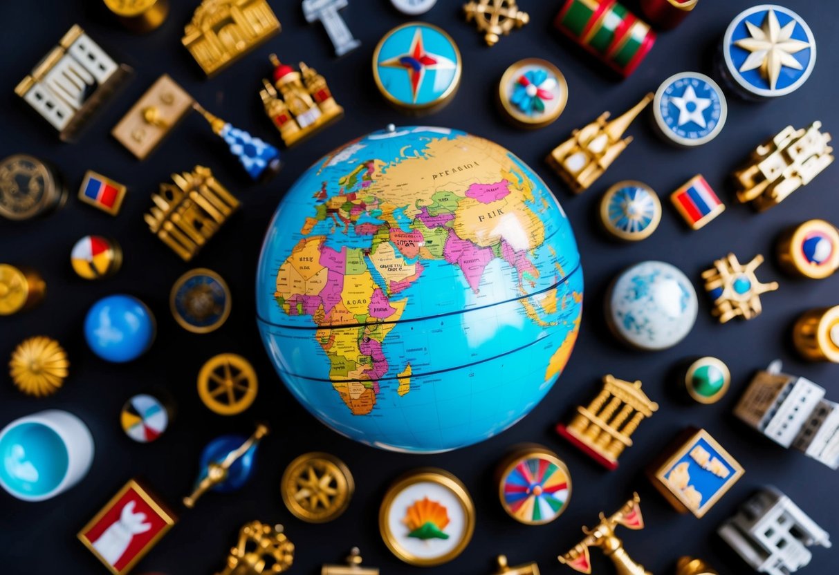 A globe surrounded by diverse cultural symbols and landmarks