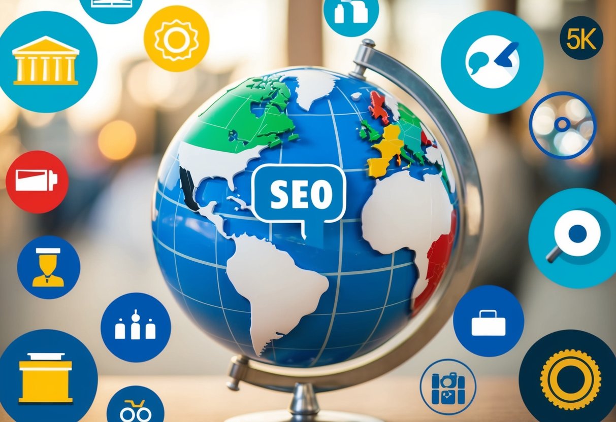 A globe with SEO icons representing different countries, surrounded by cultural symbols