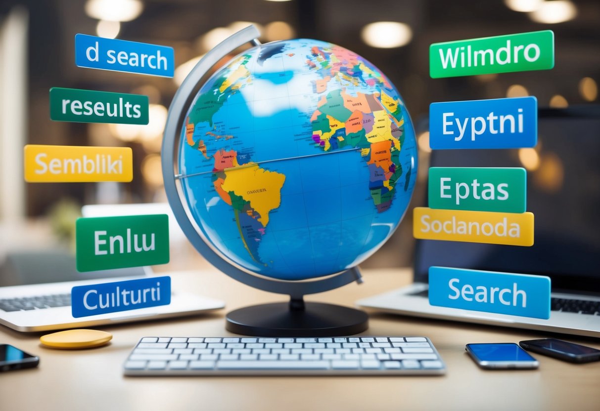A globe surrounded by diverse cultural symbols, with search engine results in various languages displayed on a computer screen