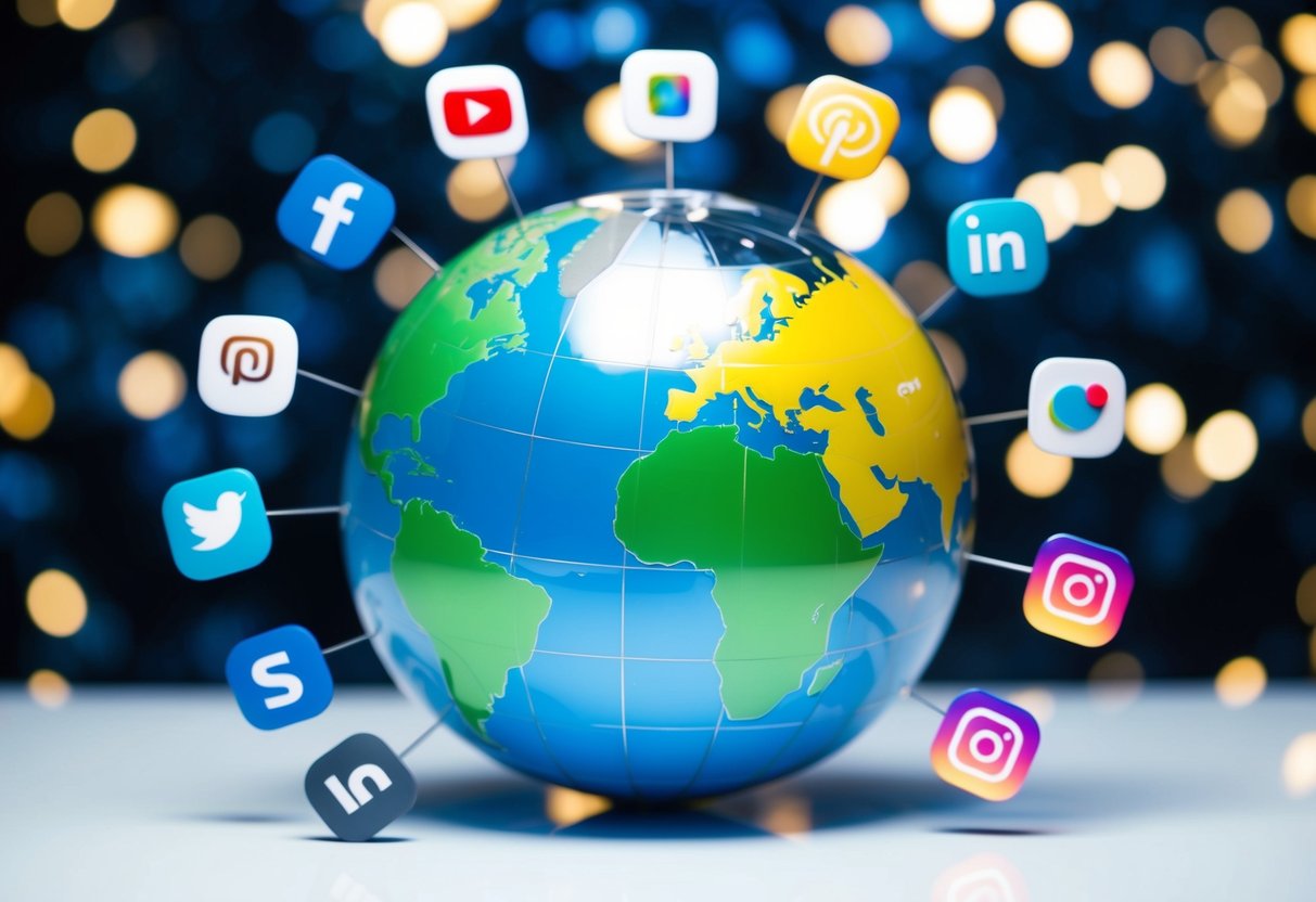 A globe surrounded by social media icons, each representing a different country's popular platforms