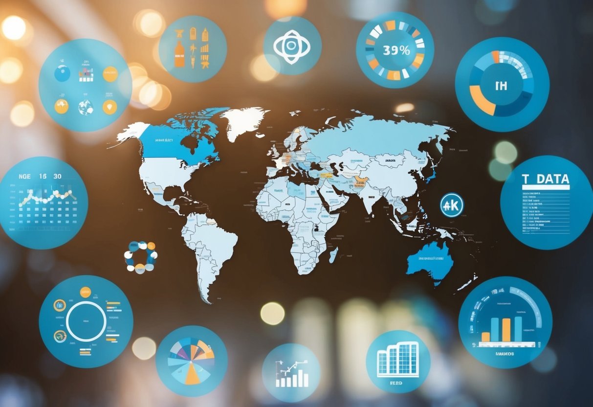 A world map with various cultural symbols and data charts surrounding it