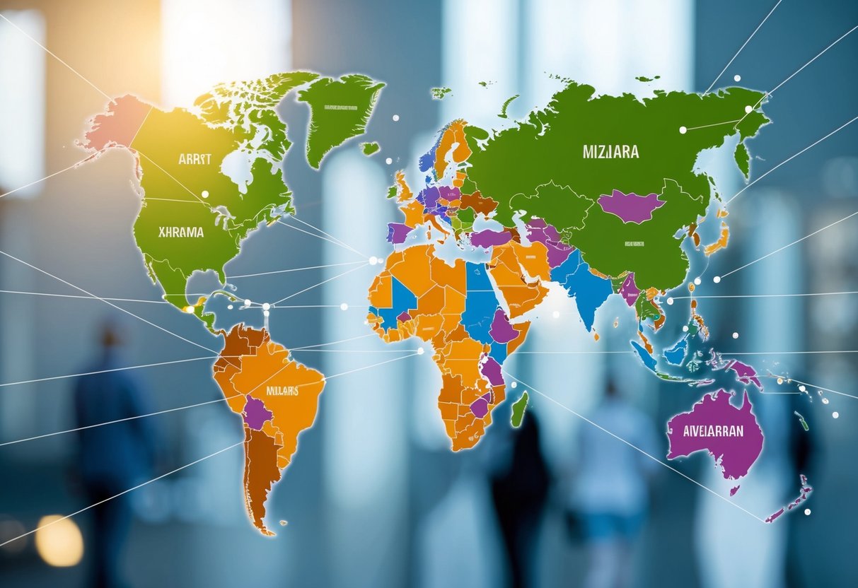 A world map with different countries highlighted and connected by lines to illustrate geo-targeting techniques for international websites