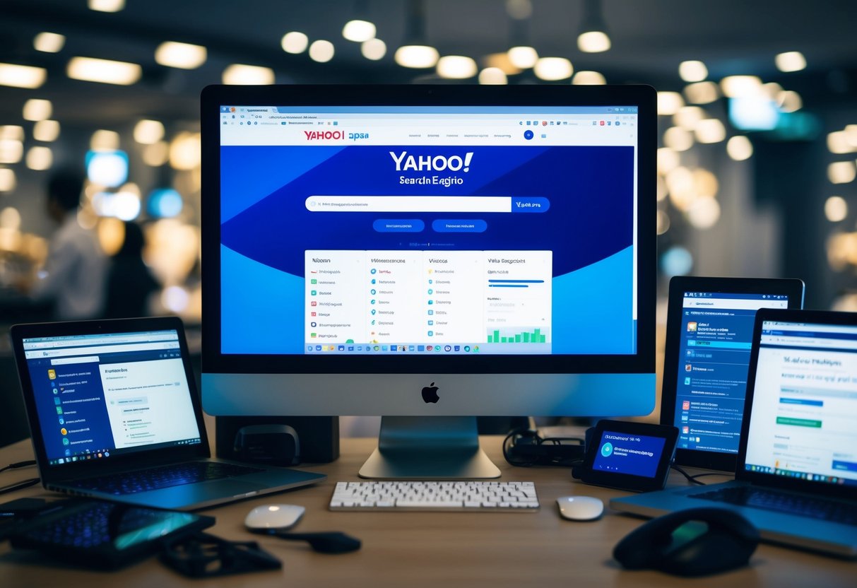 A computer screen displaying the Yahoo Japan search engine homepage, surrounded by various devices and tools for optimizing search results