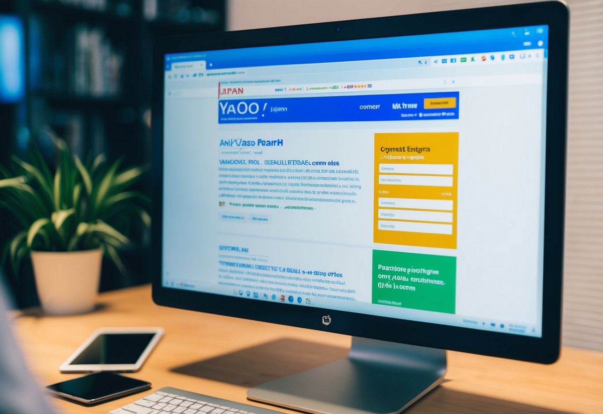A computer screen displaying Yahoo Japan's search engine results page with optimized content and keywords