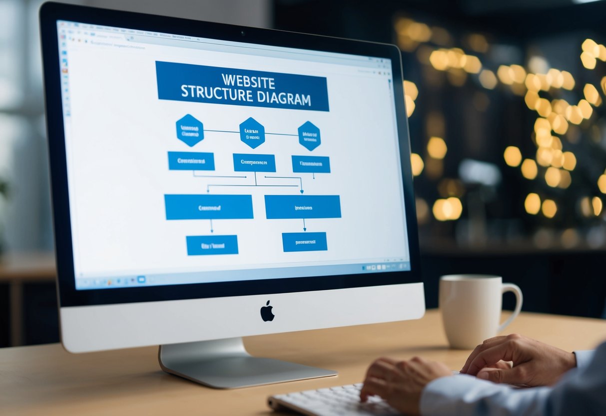 A computer screen displaying a website structure diagram with optimized on-site elements for Yahoo Japan