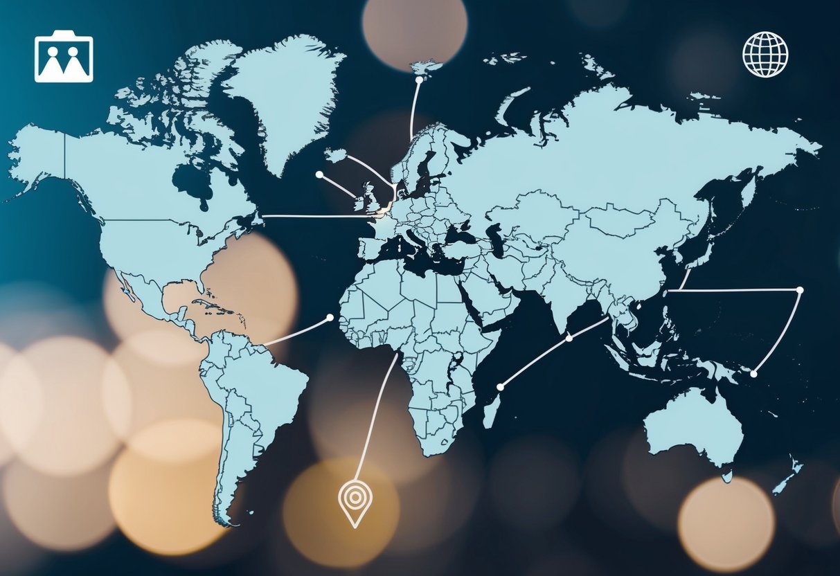A world map with various countries highlighted and connected by lines, with SEO and geo-targeting icons overlaid