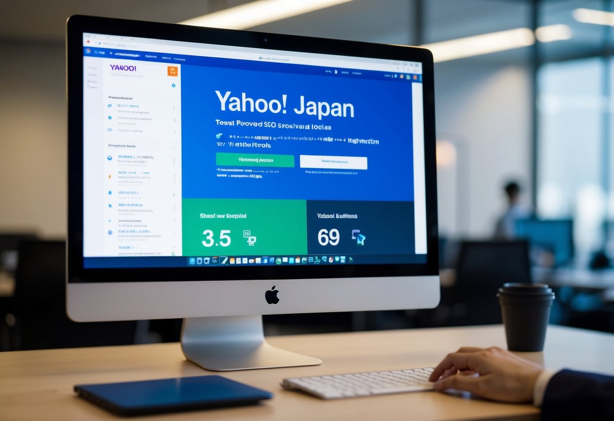 A computer screen displaying Yahoo Japan's search results page with technical SEO elements highlighted
