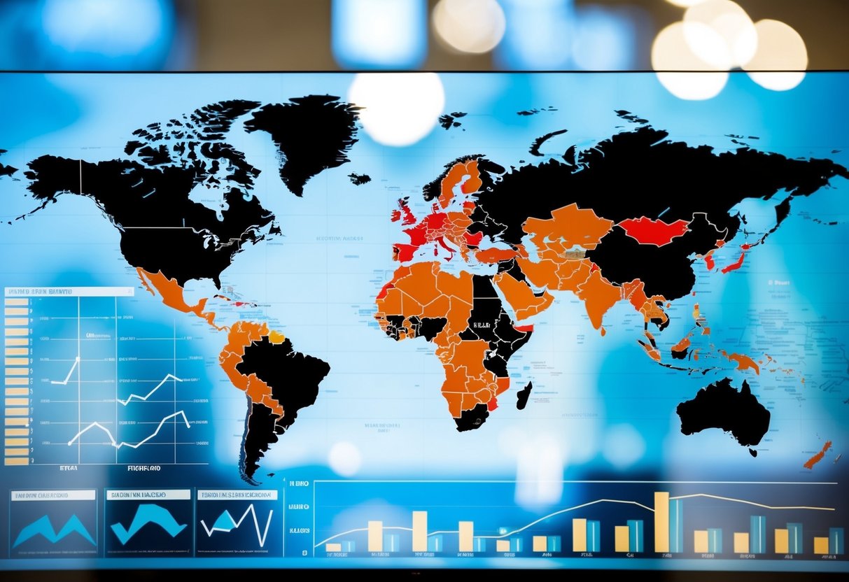 A world map with highlighted regions and data charts
