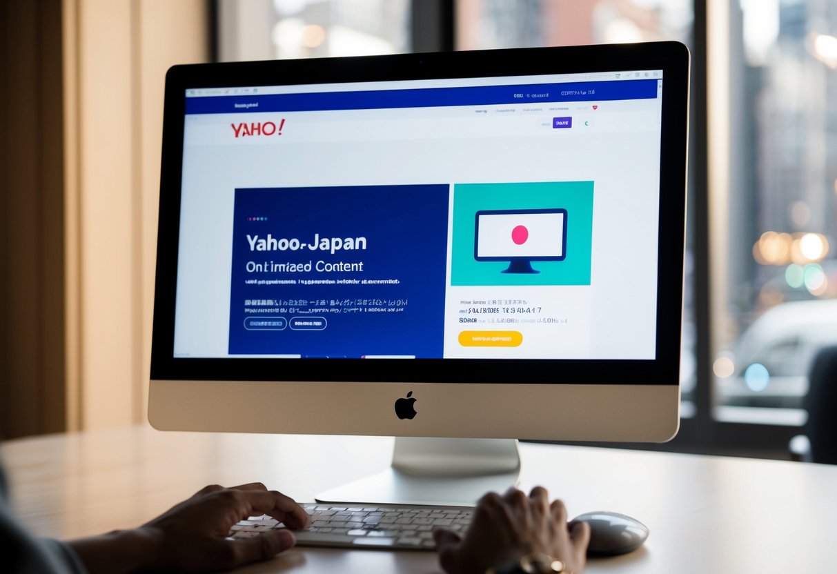 A computer screen displaying a website with Yahoo Japan-specific features, with a cursor clicking on optimized content