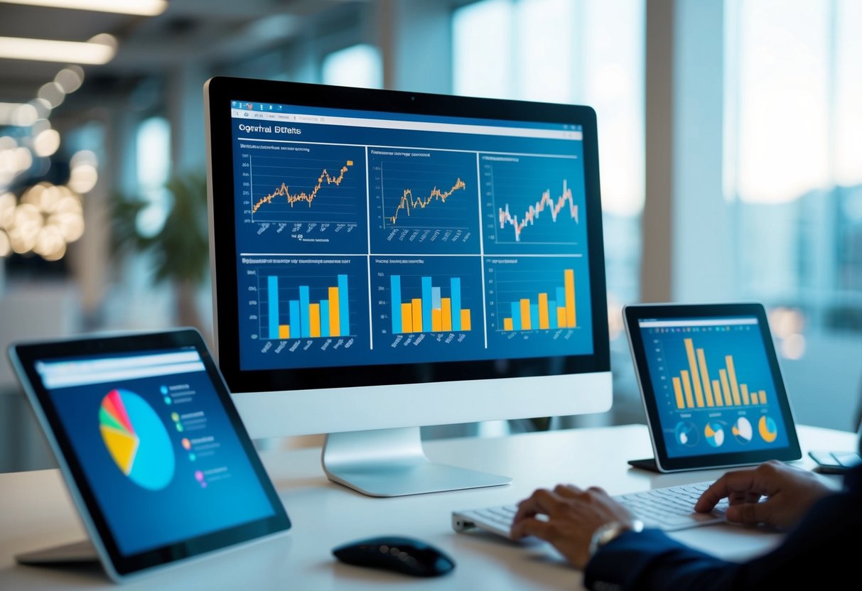 A computer screen displaying various data charts and graphs, with multiple devices connected to a central monitoring system