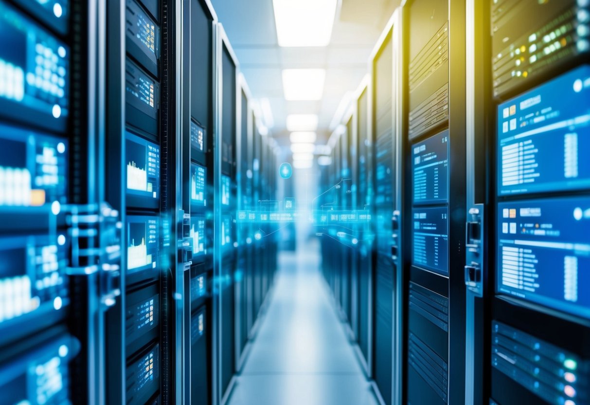 A network of interconnected servers and data centers with various monitoring tools and analytics software displayed on multiple screens