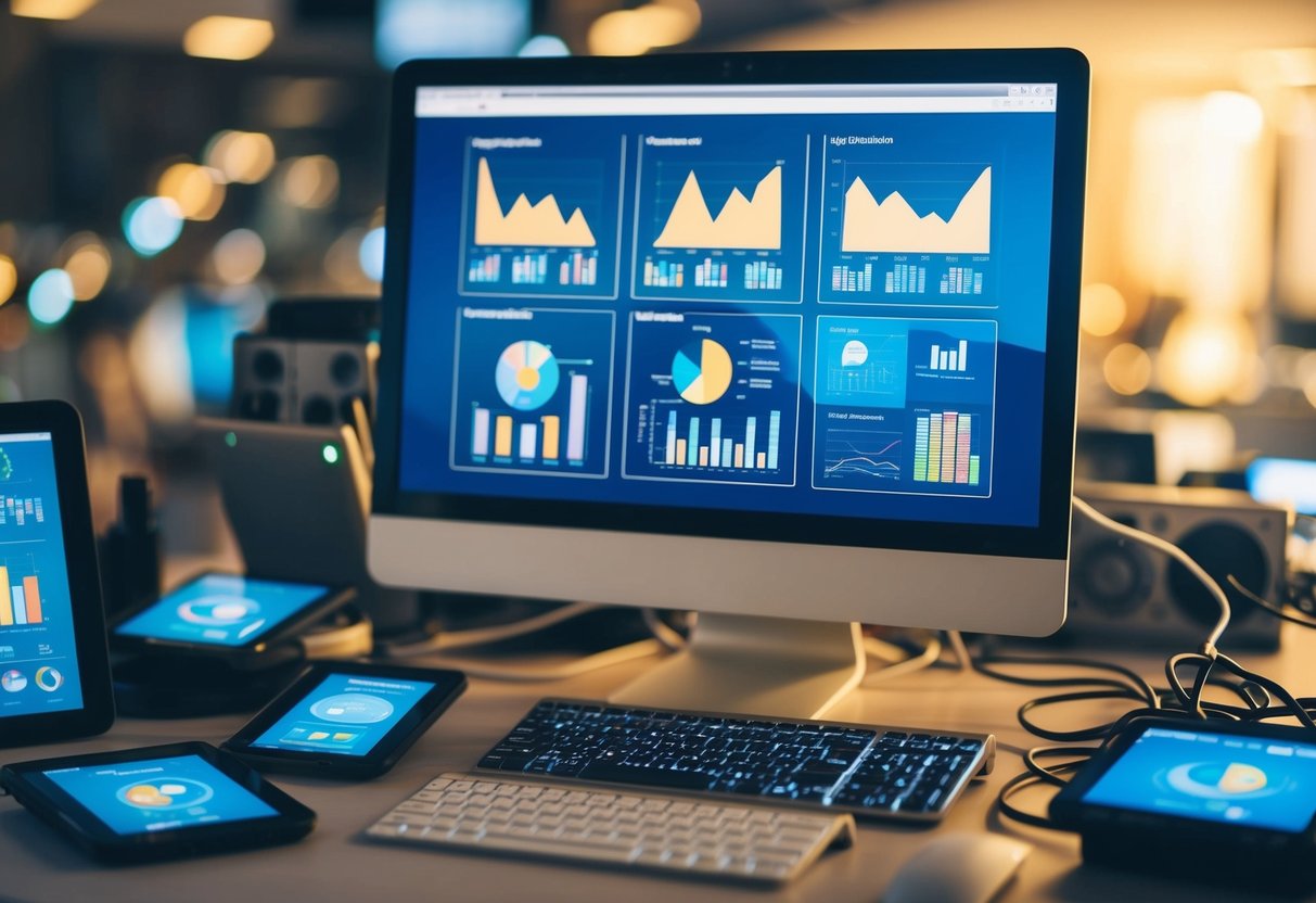 A computer screen with multiple data visualizations and graphs, surrounded by various electronic devices and cables