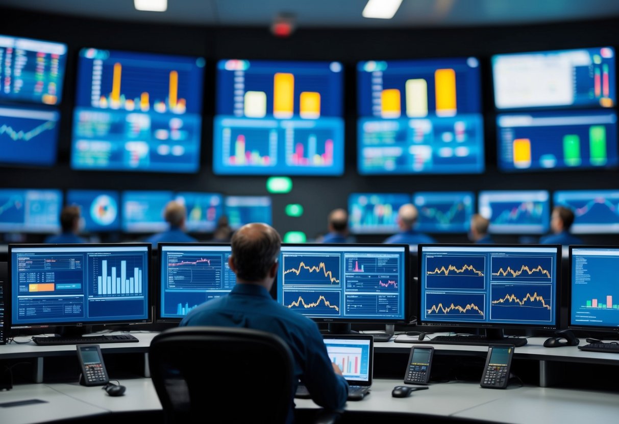 A control room with multiple screens displaying data and graphs from various monitoring tools and platforms