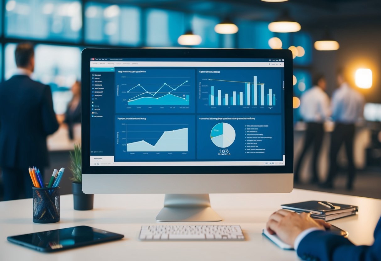 A computer screen displays graphs and charts, with data analytics tools and monitoring techniques in use