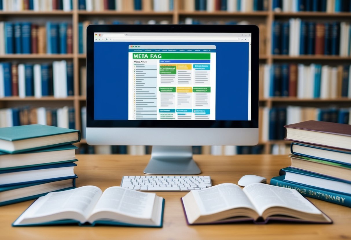 A computer screen displaying a web page with various meta tags and keywords, surrounded by open books and language dictionaries