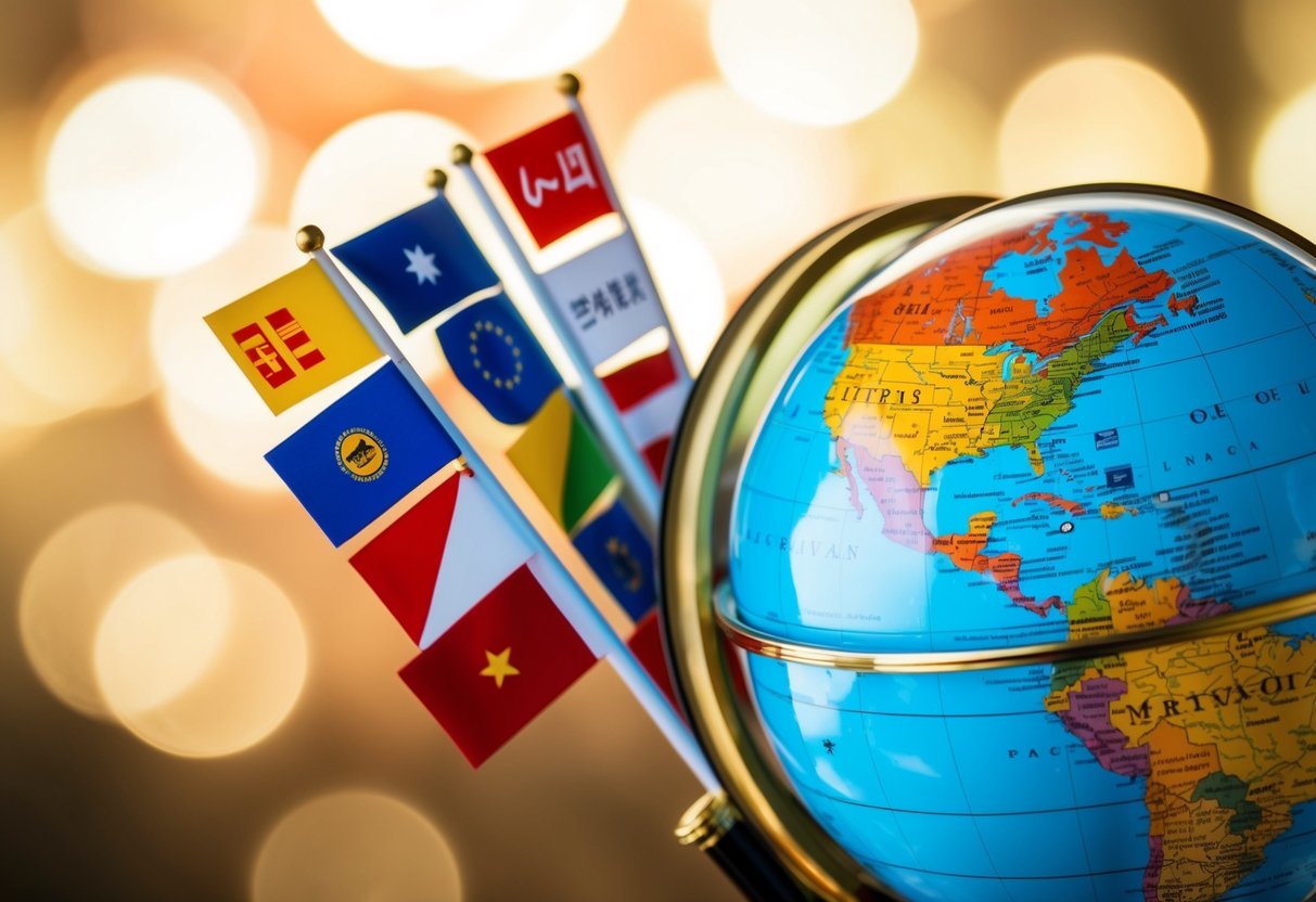 A globe with language flags and a magnifying glass