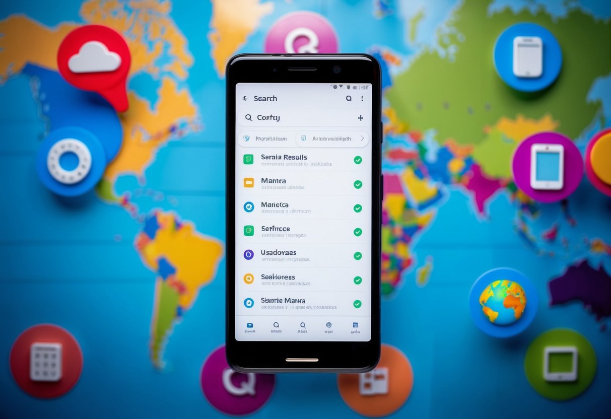 A smartphone displaying search results in multiple languages, surrounded by globe, map, and mobile device icons