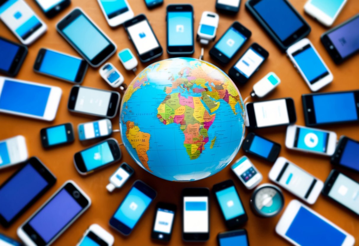 A globe surrounded by mobile devices, representing international SEO and mobile optimization for global audiences