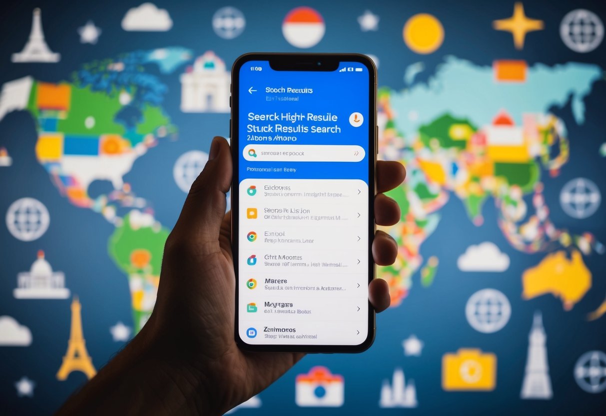 A smartphone displaying search results in various languages, surrounded by global landmarks and symbols