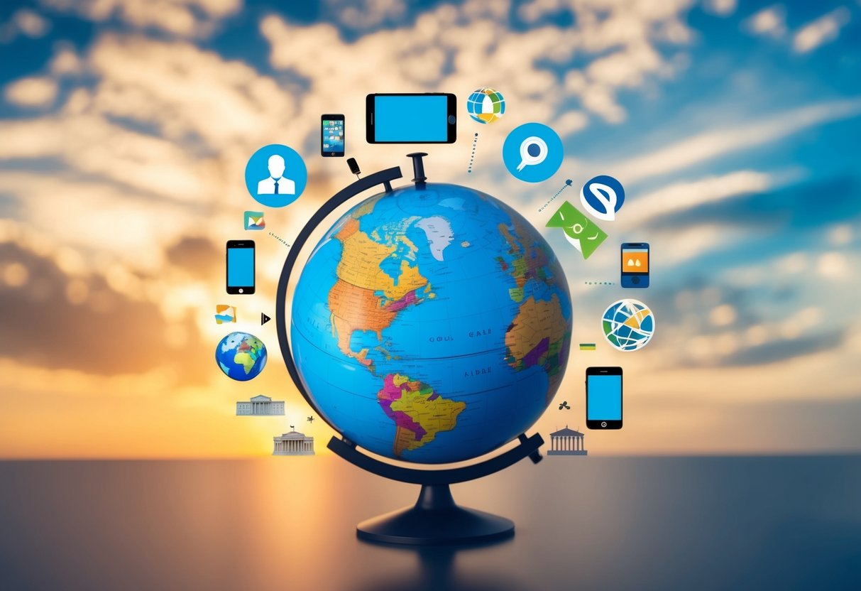 A globe with mobile devices, search engine icons, and various international landmarks surrounding it