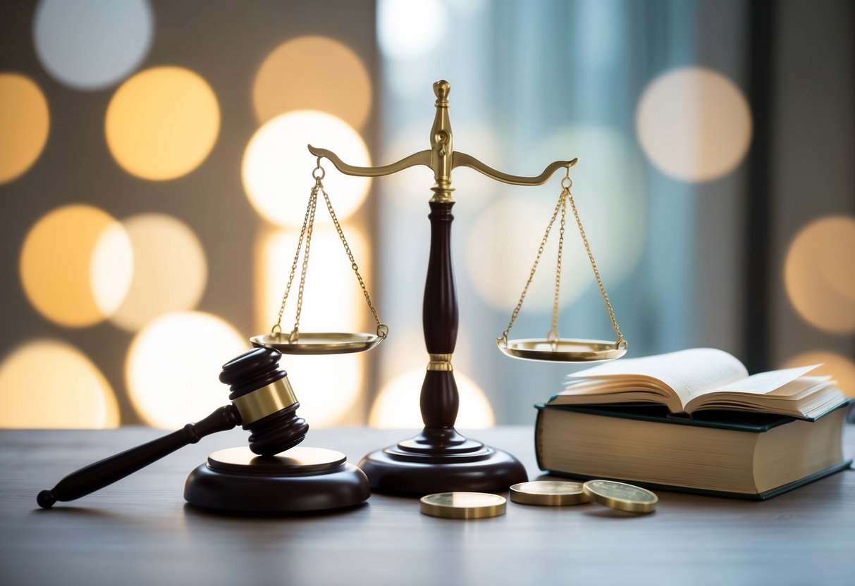 A scale balancing justice and ethics, surrounded by a gavel, scales of justice, and a book representing legal and ethical considerations