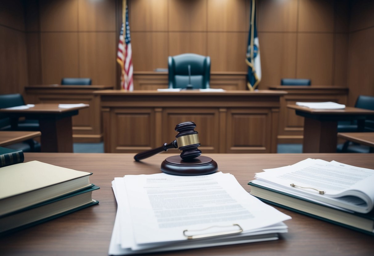 A courtroom with a judge's bench, witness stand, and lawyer's tables. Documents and legal books are scattered around