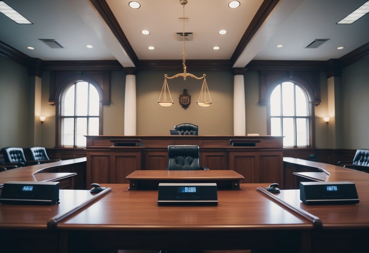 A courtroom with a judge's bench, lawyers' tables, and a jury box, all under the gaze of a scale of justice
