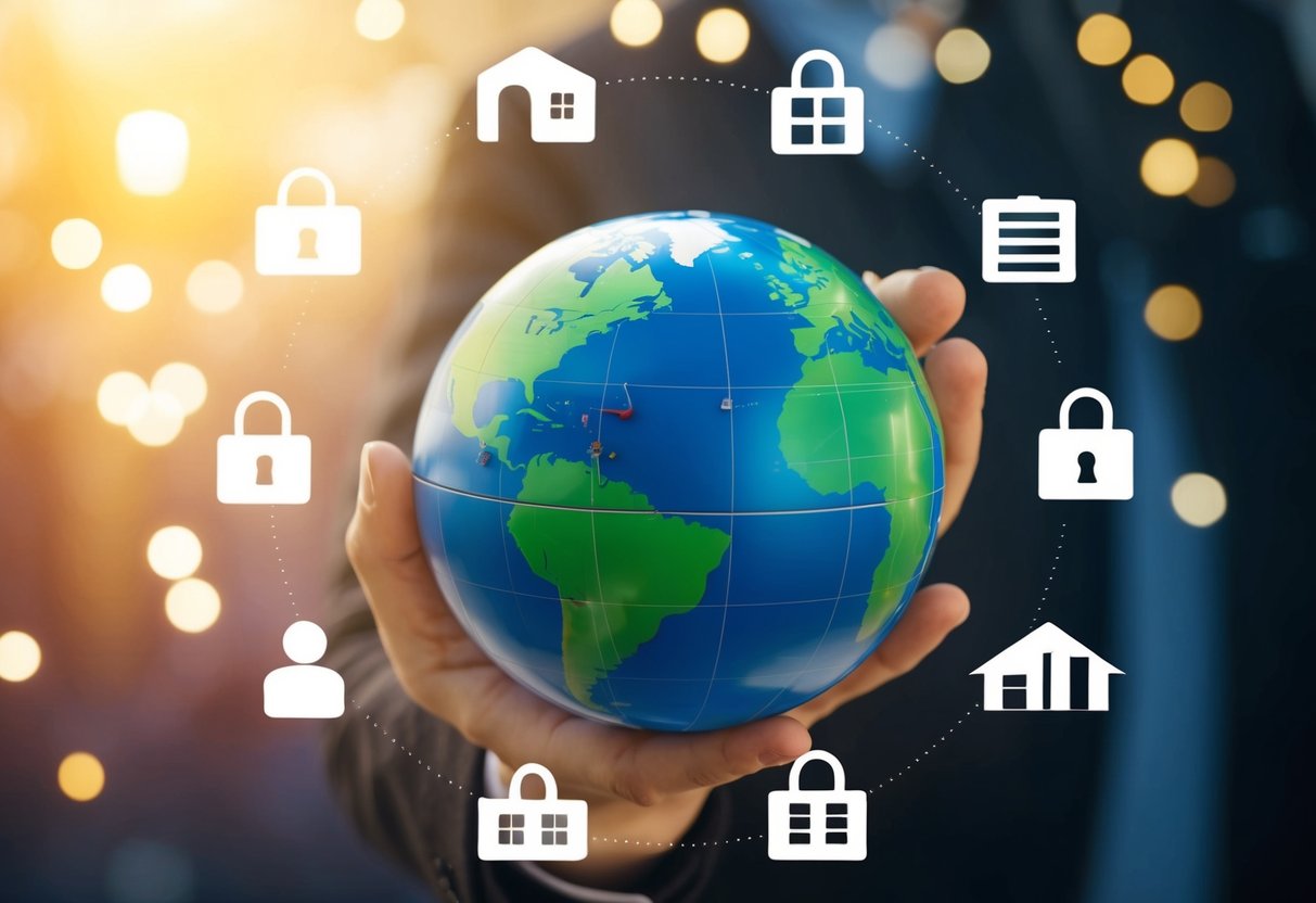 A globe surrounded by different privacy symbols representing various regions