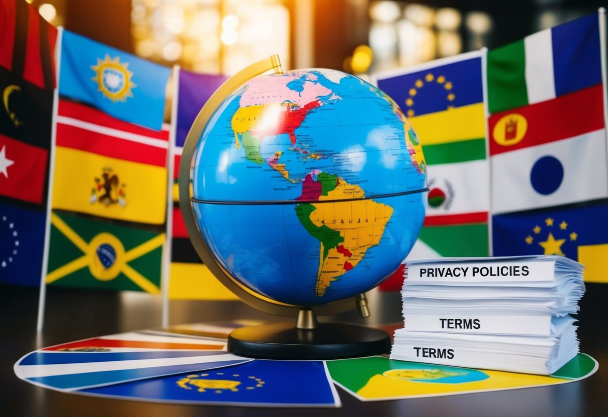 A globe surrounded by different flags, each representing a different region. A stack of papers labeled "Privacy Policies" and "Terms" sits next to the globe