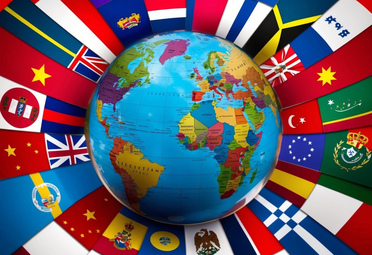 A globe surrounded by various flags, each representing a different region