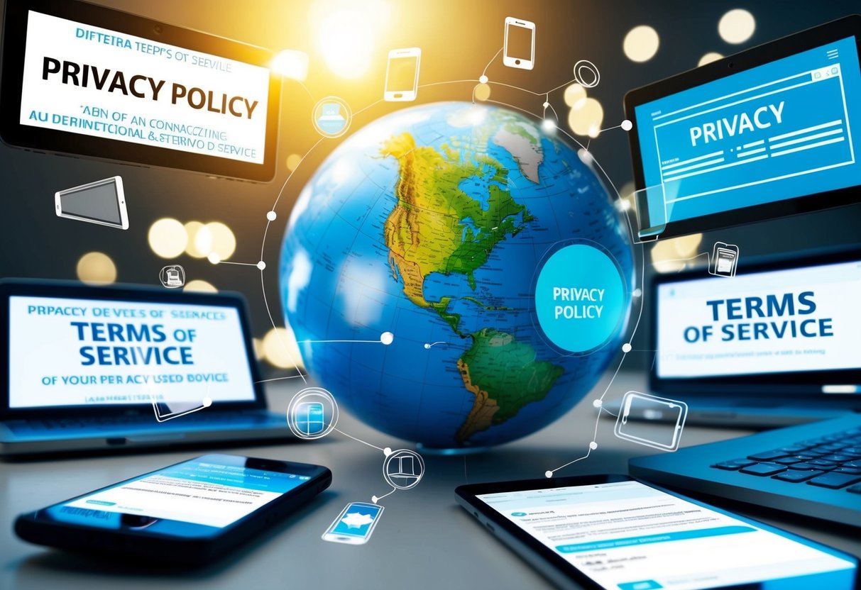 A globe surrounded by interconnected devices, each displaying a different privacy policy and terms of service