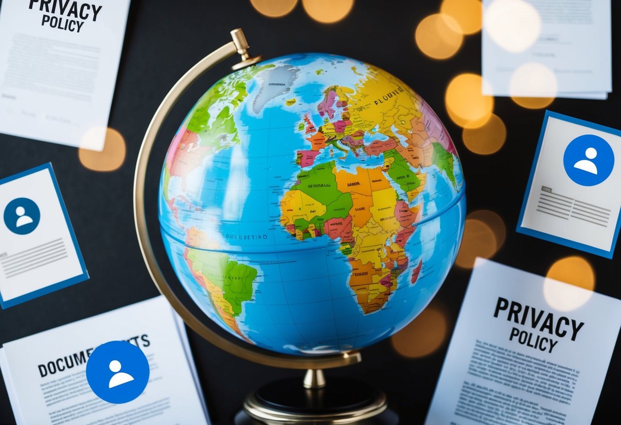 A globe with different regions highlighted, surrounded by documents and privacy policy icons