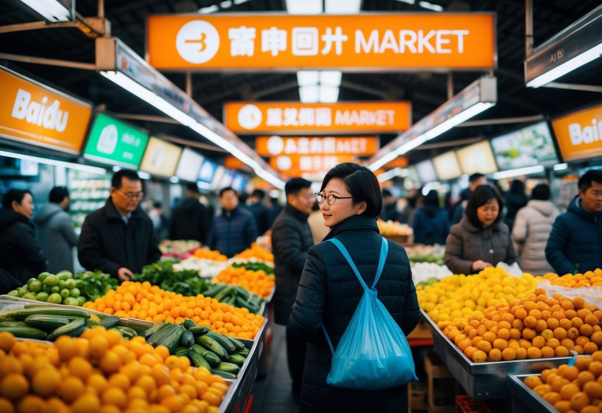 A bustling Chinese market with Baidu branding and SEO-related imagery