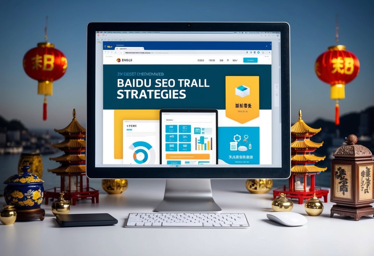 A computer screen displaying a webpage with Baidu SEO strategies, surrounded by Chinese cultural elements