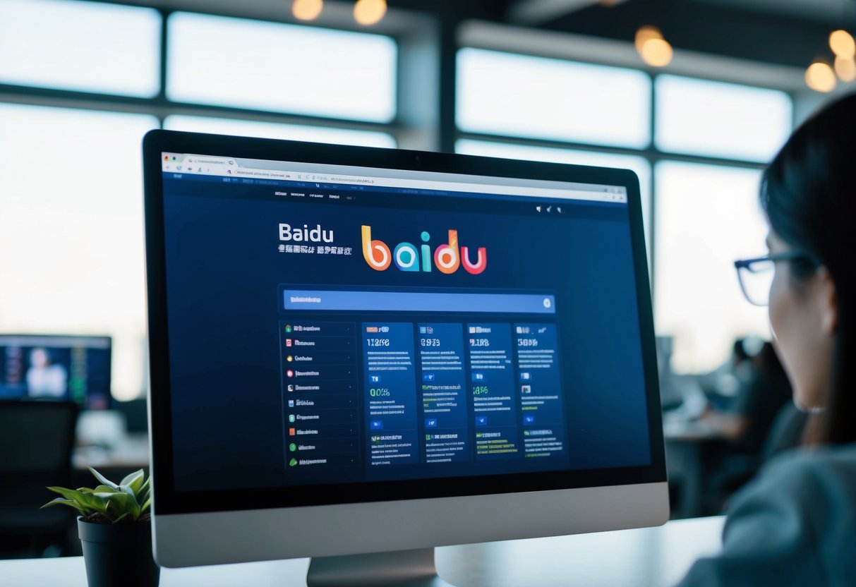 A computer screen displaying Baidu's search engine results page, with various SEO strategies and content optimization techniques being implemented