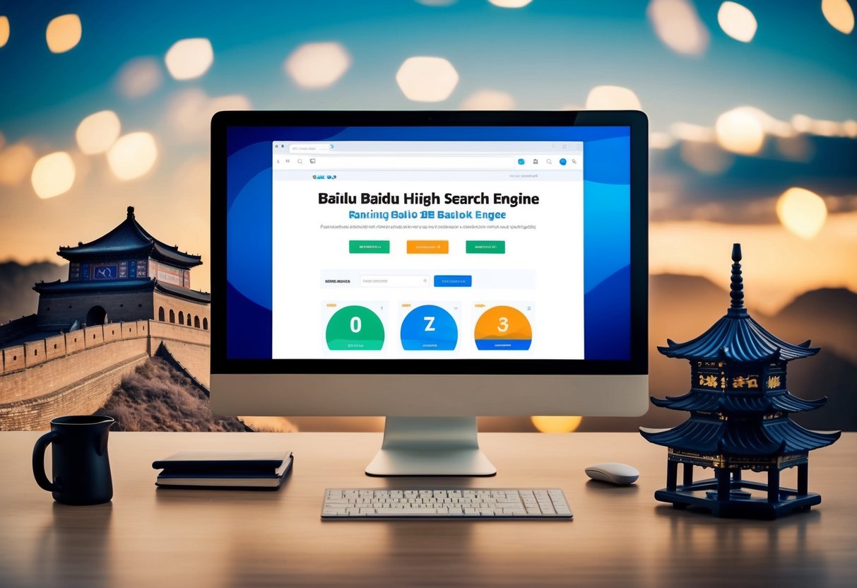 A computer screen displaying a website ranking high on Baidu search engine, surrounded by Chinese cultural symbols like the Great Wall and a traditional pagoda