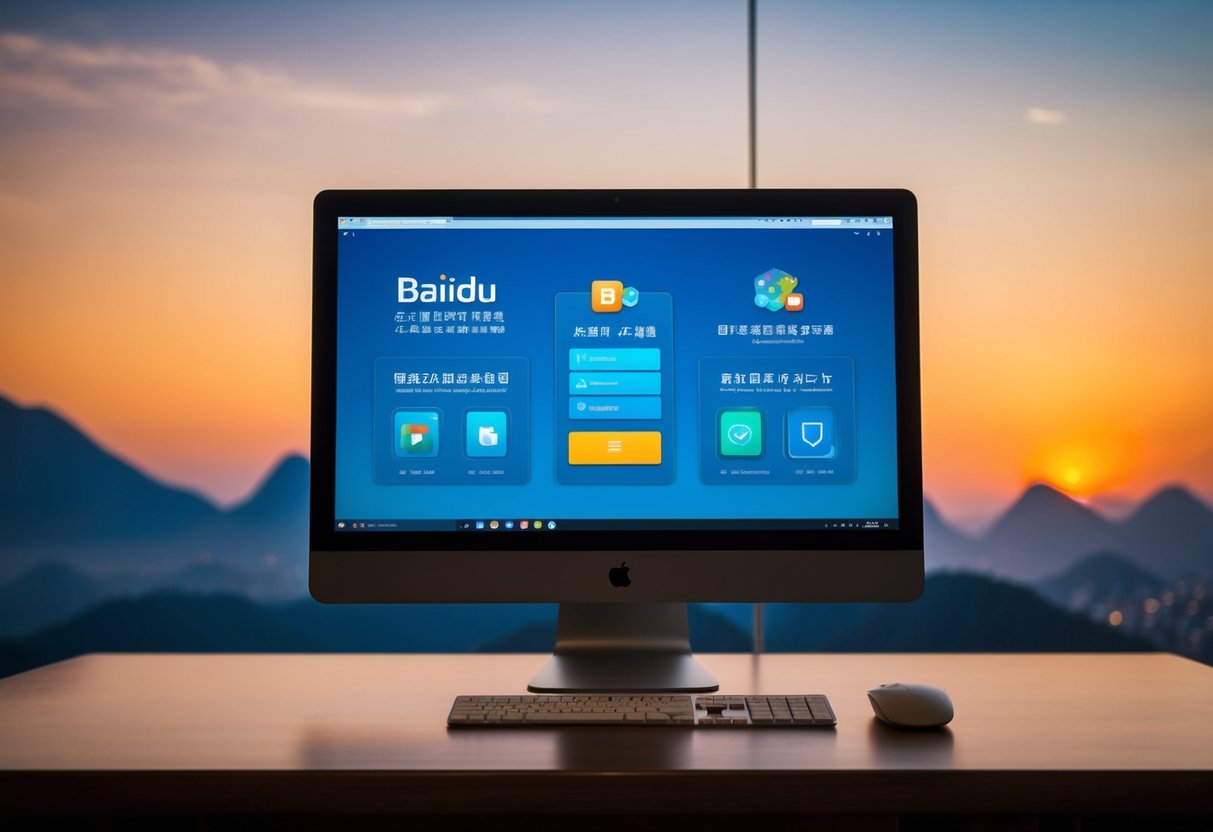 A computer screen displaying Baidu-specific SEO tools and features, with a Chinese landscape in the background