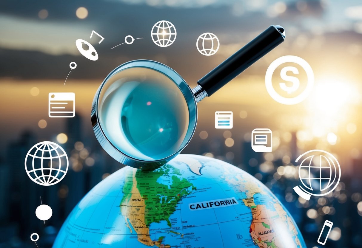 A globe with a magnifying glass hovering over California, surrounded by various global website icons