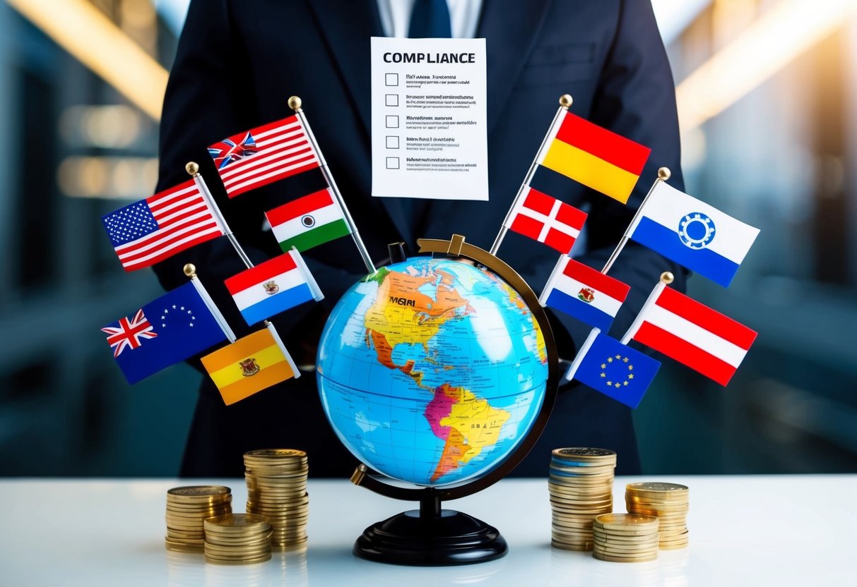 A globe surrounded by various national flags, with a checklist of compliance requirements hovering above