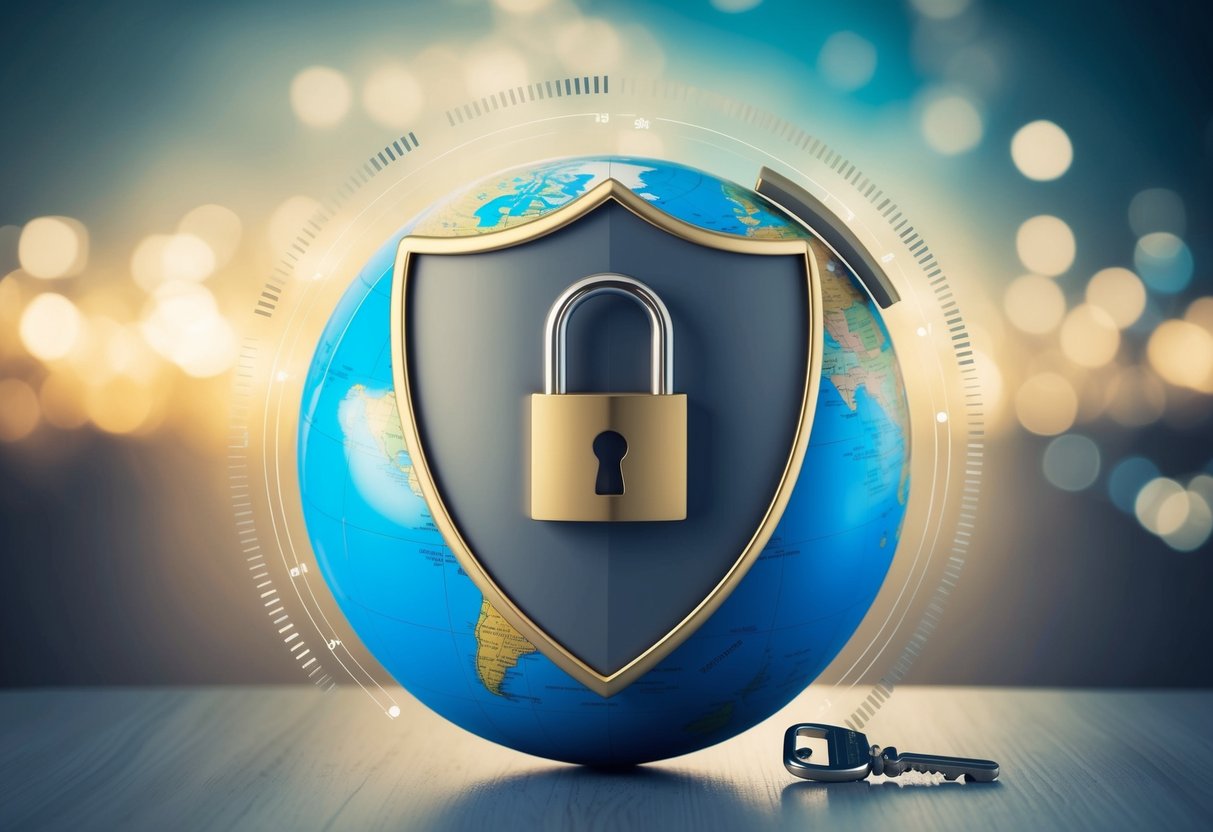 A globe surrounded by a shield with a lock, a padlock, and a key, symbolizing data security measures complying with CCPA for global websites