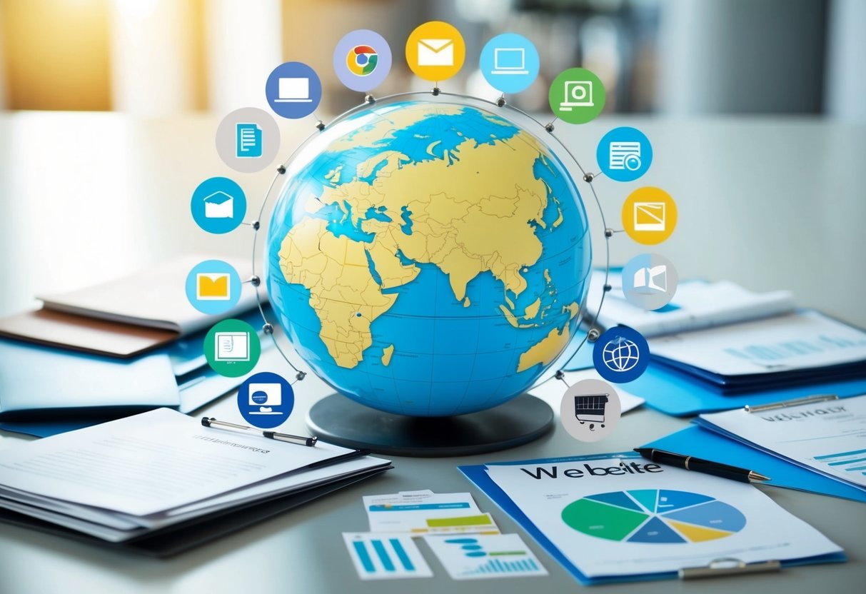 A globe surrounded by various website icons, with documents and training materials arranged neatly around it